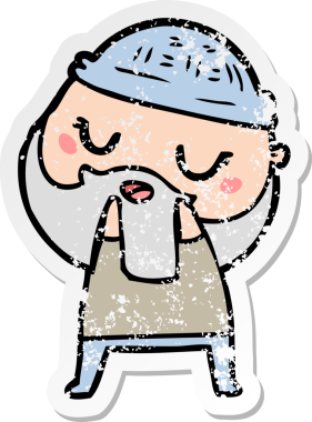 Bir insan tarafından çizilmiş sakallı, sevimli bir çizgi film karakterinin sıkıntılı çıkartması.