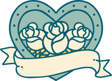 İkonik dövme stili bir kalp ve bir insan tarafından çizilmiş çiçekli pankart.