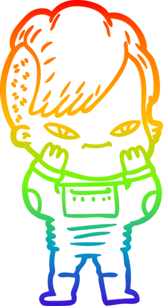 Gökkuşağı gradyan çizimi. Hipster saç kesimi bir insan tarafından çizilmiş şirin bir çizgi film kızı.