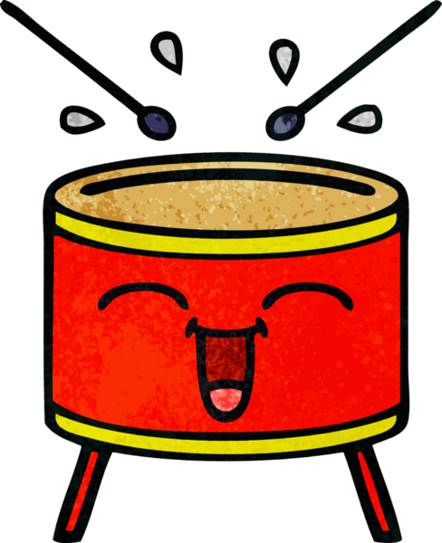 Bir insan tarafından çizilmiş mutlu bir davulun retro grunge desen karikatürü