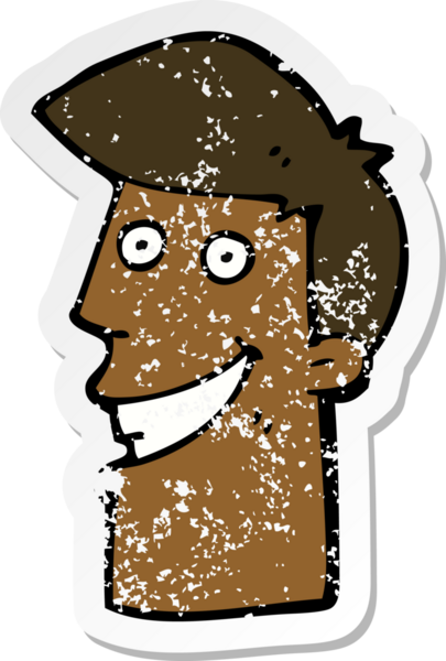 Bir insan tarafından çizilmiş sırıtan bir çizgi film karakterinin kederli retro yapıştırması.