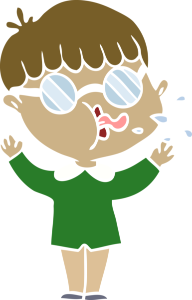 Bir insan tarafından çizilmiş gözlük takan düz renkli çizgi film çocuğu.