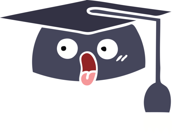 Bir insanın çizdiği mezuniyet şapkasının düz renkli retro karikatürü.