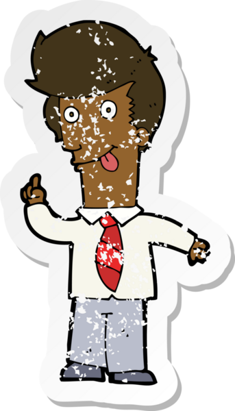 Bir insan tarafından çizilmiş çılgın bir fikri olan karikatürcü ofis adamının gerilimli retro yapıştırması.