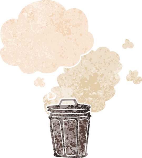 çizgi film kokuşmuş çöp tenekesi. Düşünce baloncuğu ile grunge sıkıntılı retro desen tarzı bir insan tarafından çizilmiş.