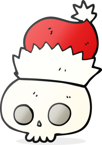 Bir insan tarafından çizilmiş Noel şapkası takan kafatası çizimi.