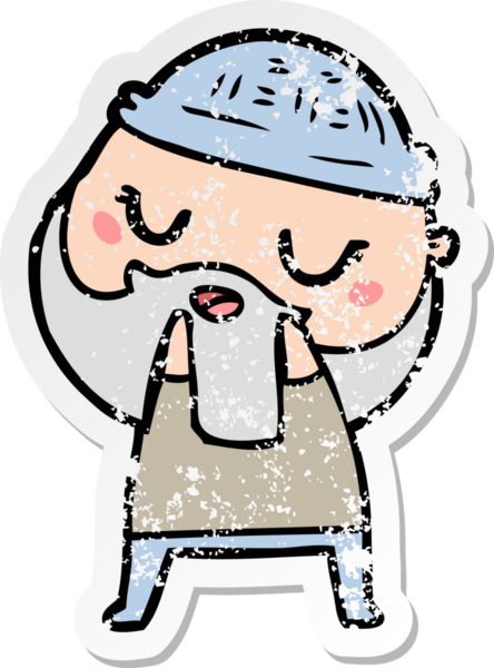 Bir insan tarafından çizilmiş sakallı, sevimli bir çizgi film karakterinin sıkıntılı çıkartması.