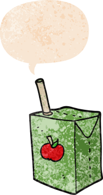 çizgi film elma suyu kutusu, konuşma baloncuğu ile grunge sıkıntılı retro stil bir insan tarafından çizilmiş