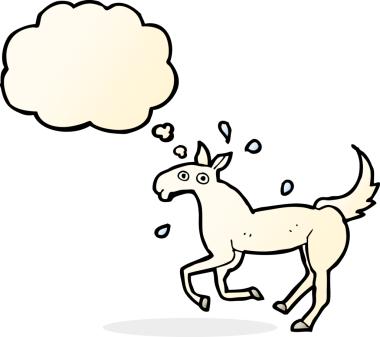 Bir insan tarafından çizilmiş düşünce baloncuğuyla terleyen at.