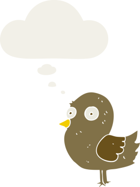 Düşünce baloncuğu olan çizgi film kuşu insan tarafından çizilmiş.