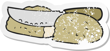 Bir insan tarafından çizilmiş ekmek dilimleme çizgi filminin kederli retro yapıştırması.