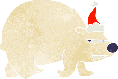 Bir insan tarafından çizilmiş Noel Baba şapkası giymiş kızgın bir kutup ayısının el çizimi karikatürü.