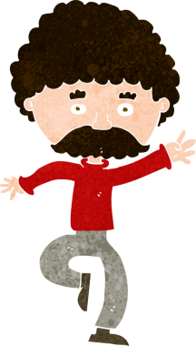 Bir insan tarafından çizilmiş çizgi filmdeki bıyıklı adam disko dansı.