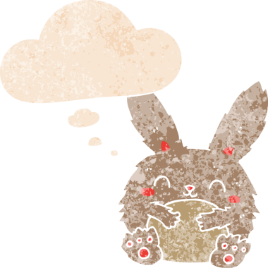 Homurdanan düşünce baloncuğu olan sevimli çizgi film tavşanı bir insan tarafından çizilmiş dertli retro tarzı.