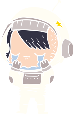 Düz renkli çizgi film ağlayan astronot kız bir insan tarafından çizilmiş.