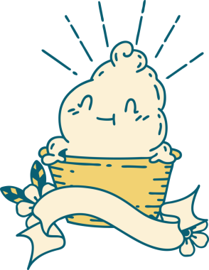 Bir insan tarafından çizilmiş dövmeli bir dondurma karakteri.