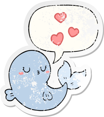 Konuşan balinaya aşık tatlı bir çizgi film balinası insan tarafından çizilmiş sıkıntılı eski bir çıkartma.