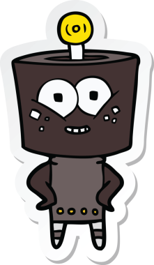 Bir insan tarafından çizilmiş mutlu çizgi film robotunun çıkartması.