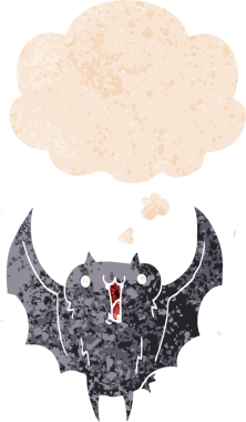 Düşünce baloncuklu çizgi film mutlu vampir yarasa grunge sıkıntılı retro tarzı bir insan tarafından çizilmiş