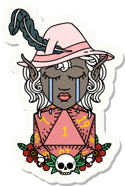 Ağlayan bir elf şair karakterinin çıkartması. Bir insan tarafından çizilmiş doğal bir D20 rulosu.