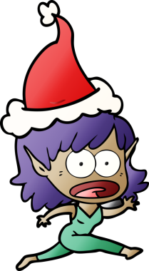 Bir insan tarafından çizilmiş Noel Baba şapkası giymiş şok olmuş bir elf kızının el çizimi karikatürü.