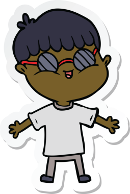 Bir insan tarafından çizilmiş gözlüklü bir çizgi film çocuğunun çıkartması.