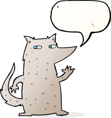 Bir insan tarafından çizilmiş konuşma baloncuğuyla el sallayan bir kurt.