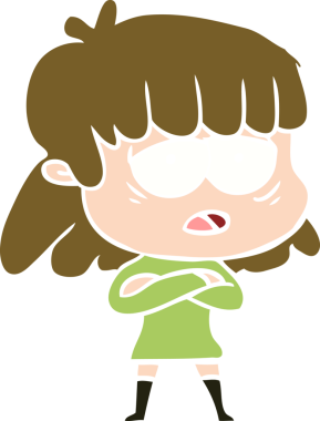 Düz renkli çizgi film. Bir insan tarafından çizilmiş yorgun kadın.