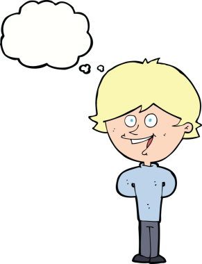 Bir insan tarafından çizilmiş düşünce balonu olan mutlu çocuk çizgi filmi.