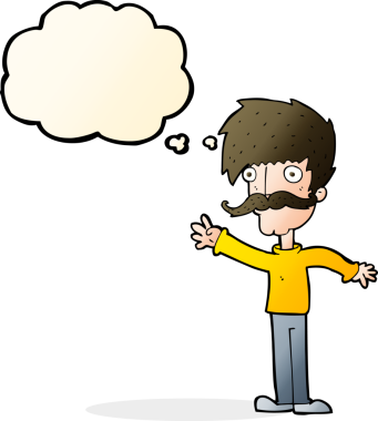 Bir insan tarafından çizilmiş düşünce balonlu bıyıklı bir çizgi film adamı.