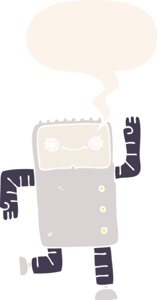 bir insan tarafından çizilmiş, konuşma baloncuklu çizgi film robotu.