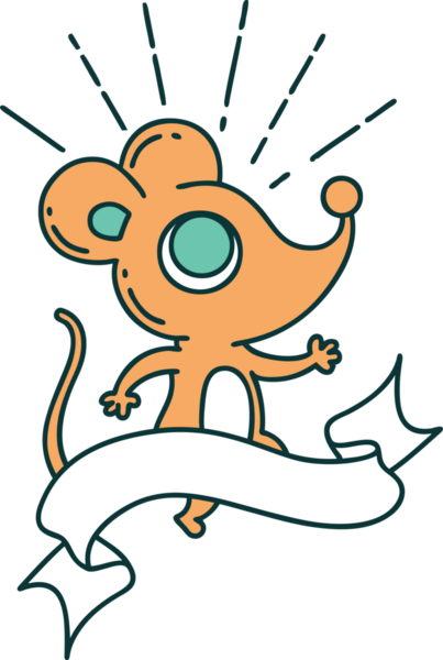 Bir insan tarafından çizilmiş dövme stili fare karakterli kaydırma pankartı