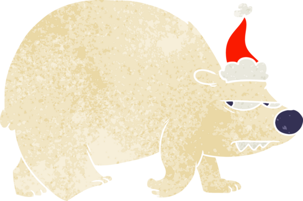 Bir insan tarafından çizilmiş Noel Baba şapkası giymiş kızgın bir kutup ayısının el çizimi karikatürü.