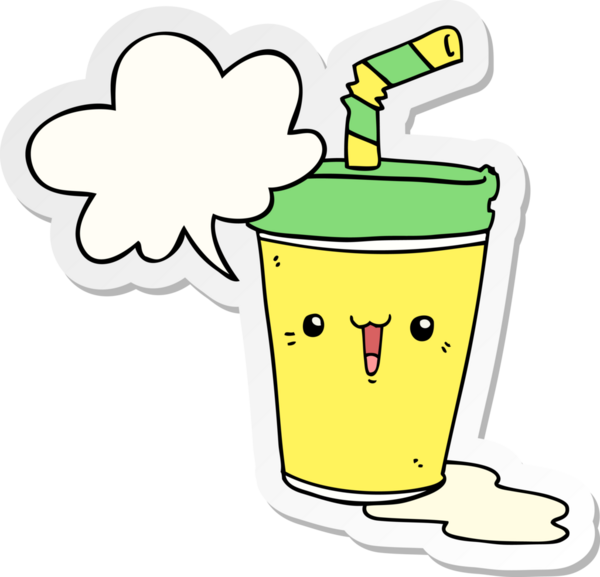 Bir insan tarafından çizilmiş konuşma kabarcığı çıkartmalı tatlı bir karikatür soda.