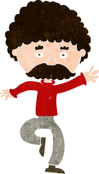 Bir insan tarafından çizilmiş çizgi filmdeki bıyıklı adam disko dansı.