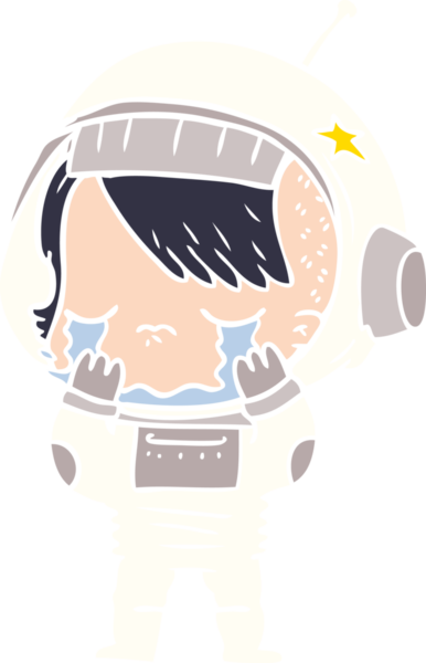 Düz renkli çizgi film ağlayan astronot kız bir insan tarafından çizilmiş.