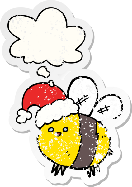 Düşünce baloncuklu noel şapkası takan sevimli çizgi film arısı bir insan tarafından çizilmiş yıpranmış bir çıkartma.