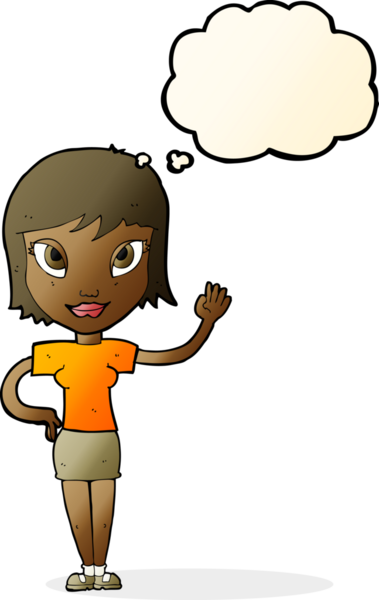 Bir insan tarafından çizilmiş düşünce baloncuğuyla el sallayan çizgi film kadını.