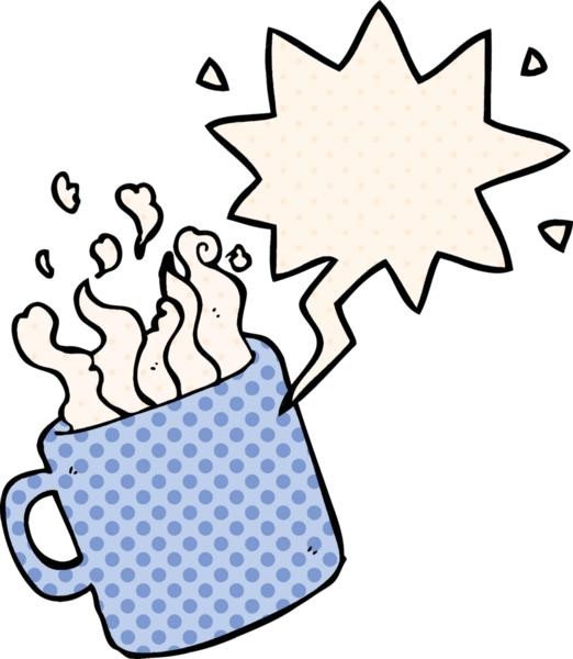 Bir insan tarafından çizilmiş çizgi roman tarzında konuşma baloncuklu sıcak kahve.