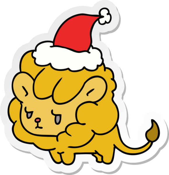 Bir insan tarafından çizilmiş kawaii aslanının el çizimi Noel çıkartması.