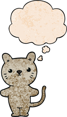 Bir insan tarafından çizilmiş grunge desenli düşünce baloncuklu çizgi film kedisi.