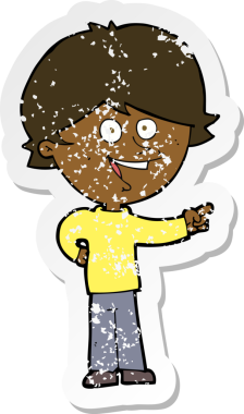 Bir insan tarafından çizilmiş, gülen ve işaret edilen bir çizgi film karakterinin gerilimli geçmiş çıkartması.