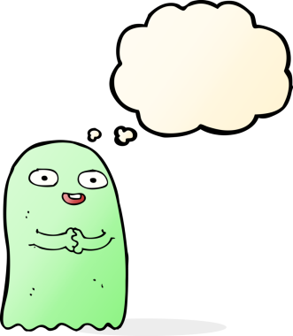 Bir insan tarafından çizilmiş düşünce baloncuklu komik çizgi film hayaleti.