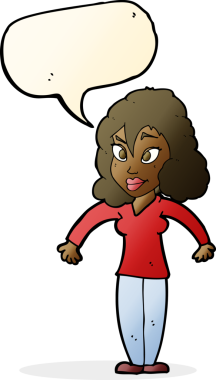 Bir insan tarafından çizilmiş konuşma baloncuğuyla omuz silken çizgi film kadını.