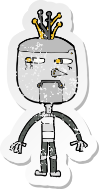 Bir insan tarafından çizilmiş komik bir robot çizgi film çıkartması.