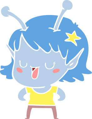 Mutlu uzaylı kız düz renkli çizgi film bir insan tarafından çizildi.