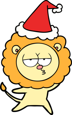 Bir insan tarafından çizilmiş Noel Baba şapkası takan sıkılmış bir aslanın el çizimi.