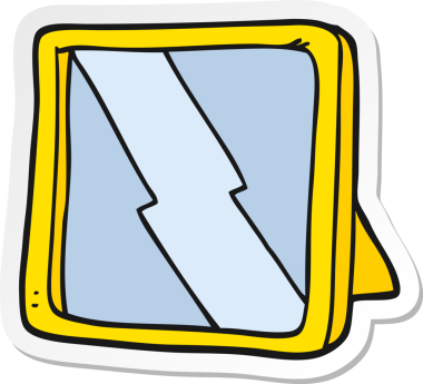 Bir insan tarafından çizilmiş bir karikatür aynasının etiketi.