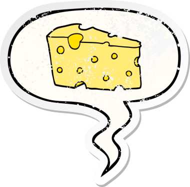 Konuşma baloncuklu çizgi film peyniri bir insan tarafından çizilmiş sıkıntılı eski bir çıkartma