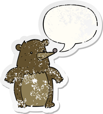 Konuşma baloncuğu olan çizgi film ayısı bir insan tarafından çizilmiş sıkıntılı eski bir çıkartma